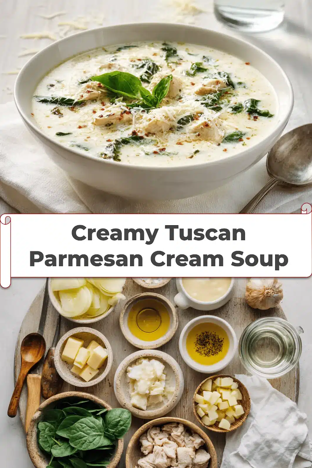 Creamy Tuscan Parmesan Cream Soup: A Simple Delight 5 Creamy Tuscan Parmesan Cream Soup in ceramic bowl garnished with basil and grated Parmesan_pin