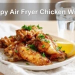 Crispy Air Fryer Chicken Wings served on white napkin with clear glass of water warm lighting