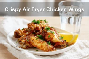 Crispy Air Fryer Chicken Wings served on white napkin with clear glass of water warm lighting