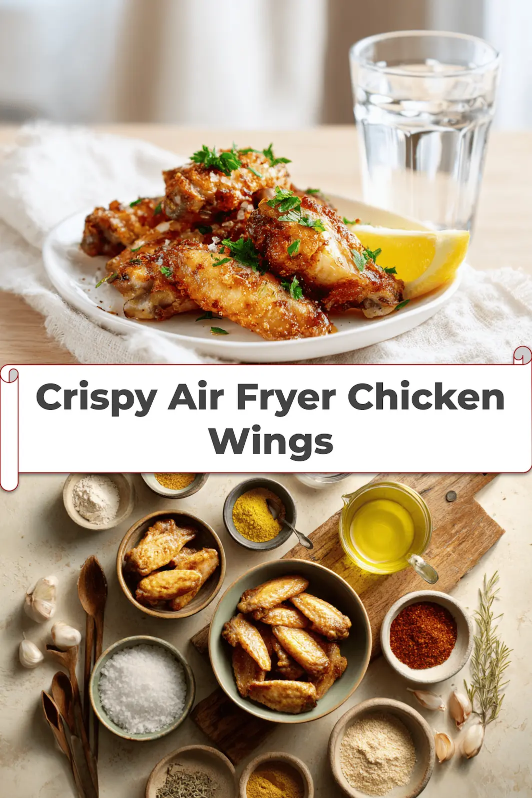 Crispy Air Fryer Chicken Wings: Easy Irresistible Recipe 5 Crispy Air Fryer Chicken Wings served on white napkin with clear glass of water warm lighting_pin