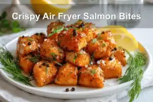 Crispy Air Fryer Salmon Bites golden cubes with lemon and herbs on white napkin