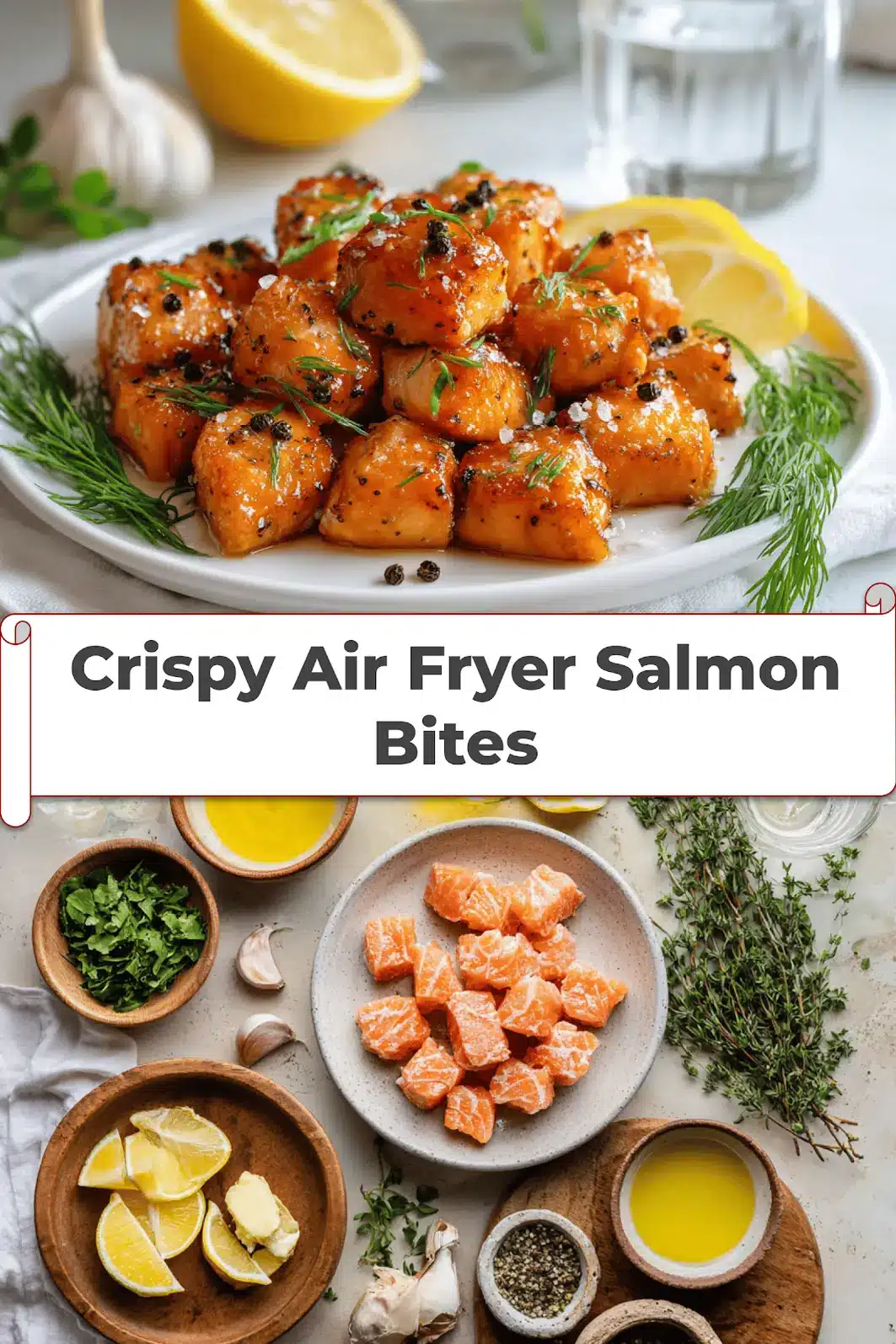 Crispy Air Fryer Salmon Bites: Easy Irresistible Recipe 5 Crispy Air Fryer Salmon Bites golden cubes with lemon and herbs on white napkin_pin