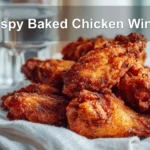 Crispy Baked Chicken Wings on white napkin with clear water glass warm natural light