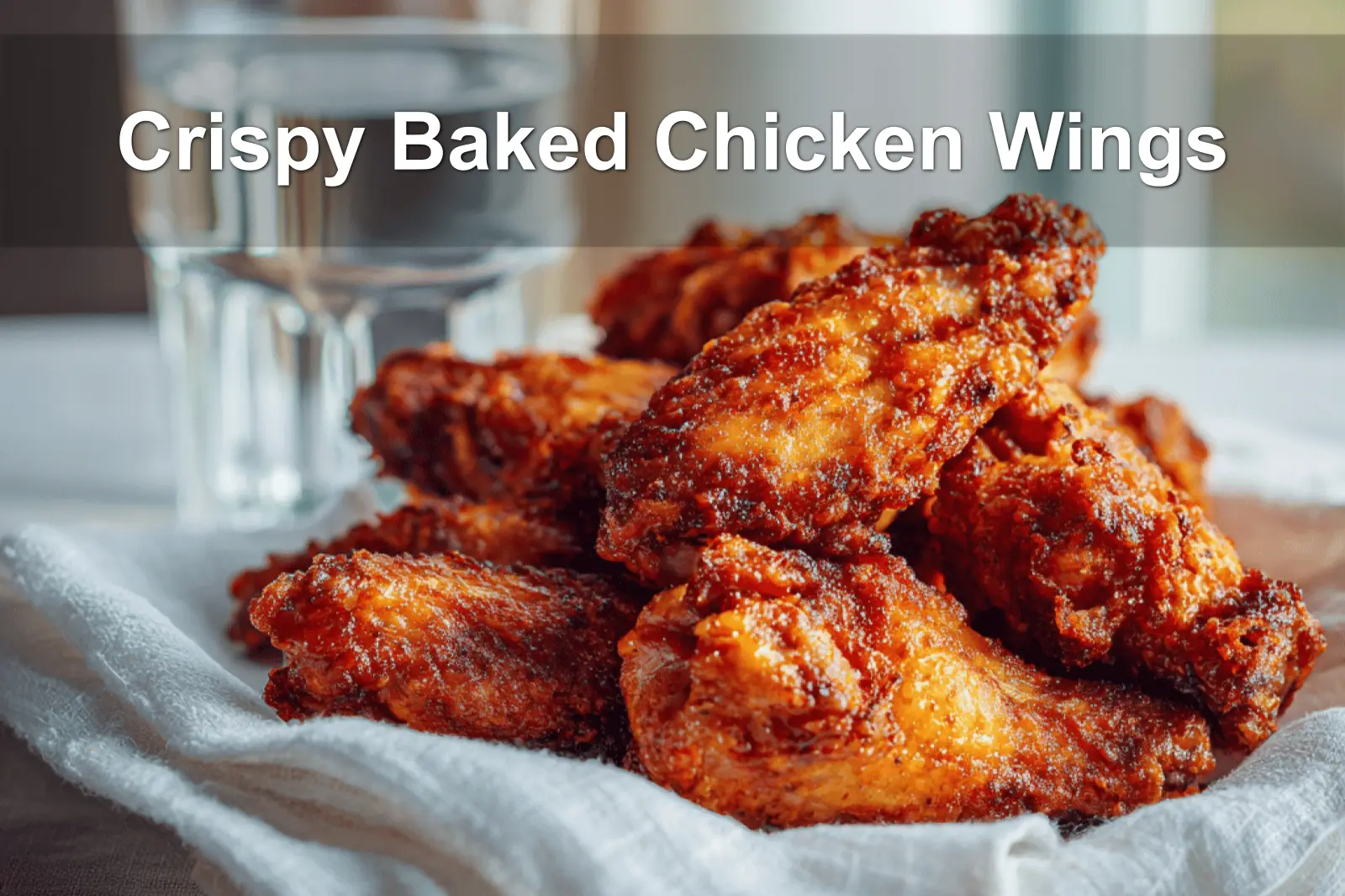 Crispy Baked Chicken Wings on white napkin with clear water glass warm natural light