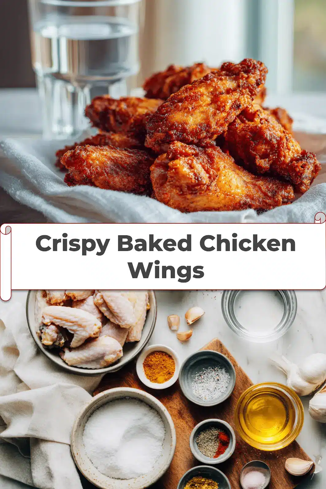 Crispy Baked Chicken Wings: Simple Delicious Recipe 5 Overhead view of crispy baked chicken wings ready to serve with water glass and side dish