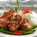 Crispy Pepper Chicken Thigh plated with white rice green beans chili and toasted sesame seeds