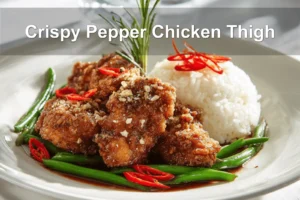 Crispy Pepper Chicken Thigh plated with white rice green beans chili and toasted sesame seeds