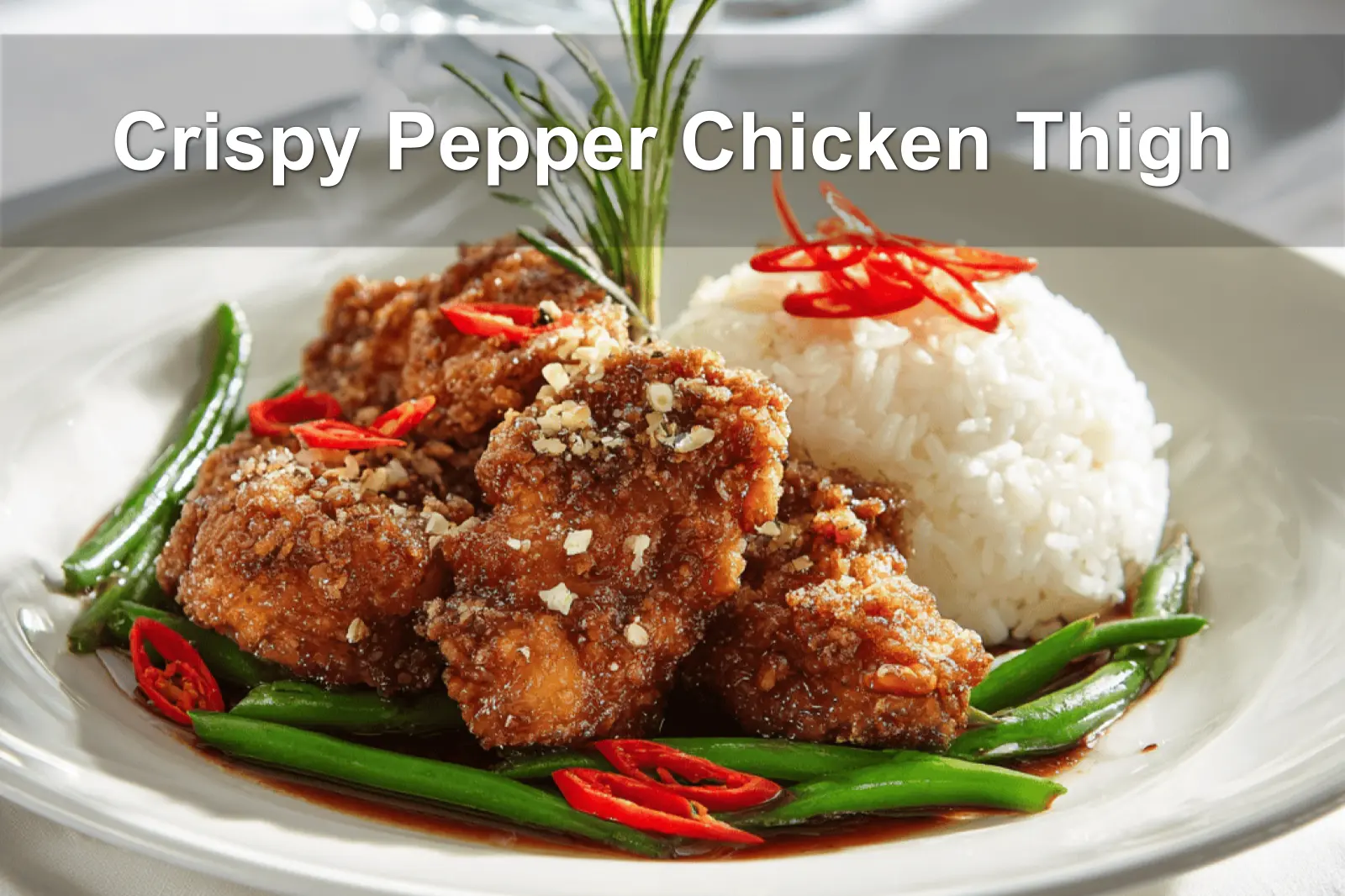 Crispy Pepper Chicken Thigh plated with white rice green beans chili and toasted sesame seeds