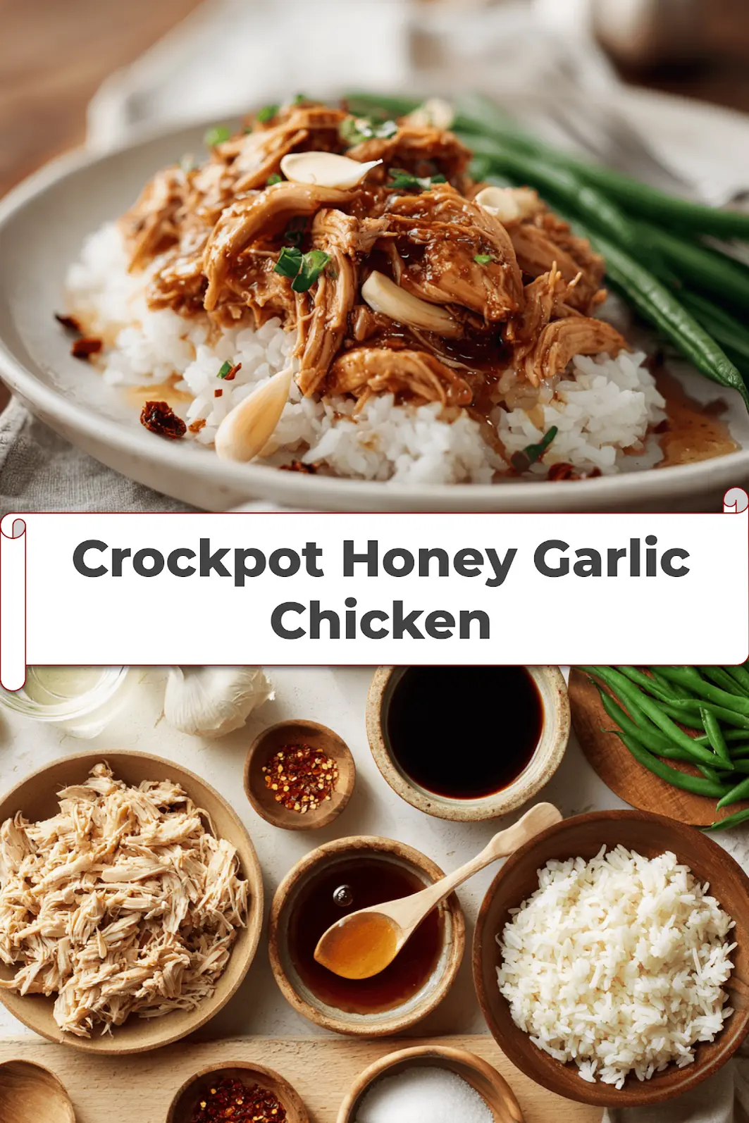 Crockpot Honey Garlic Chicken: Irresistible and Easy Recipe 5 Finished Crockpot Honey Garlic Chicken served over rice in a bowl garnished with sesame seeds and green onion