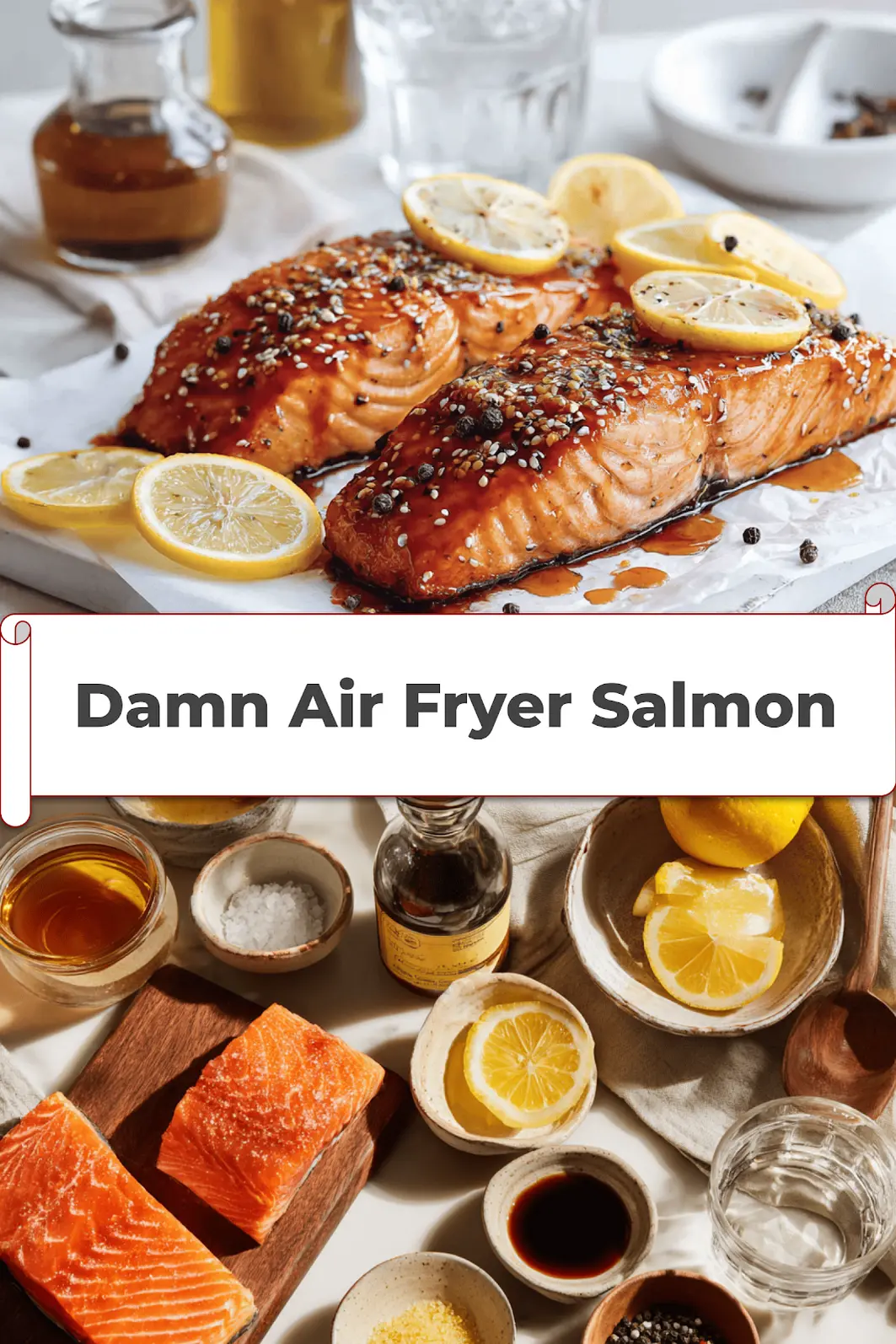 Damn Air Fryer Salmon plated with lemon slices honey soy glaze olive oil bottle beside glass_pin