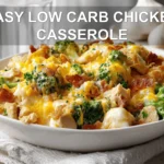 EASY LOW CARB CHICKEN CASSEROLE golden baked casserole with bacon broccoli and melted cheese hero image