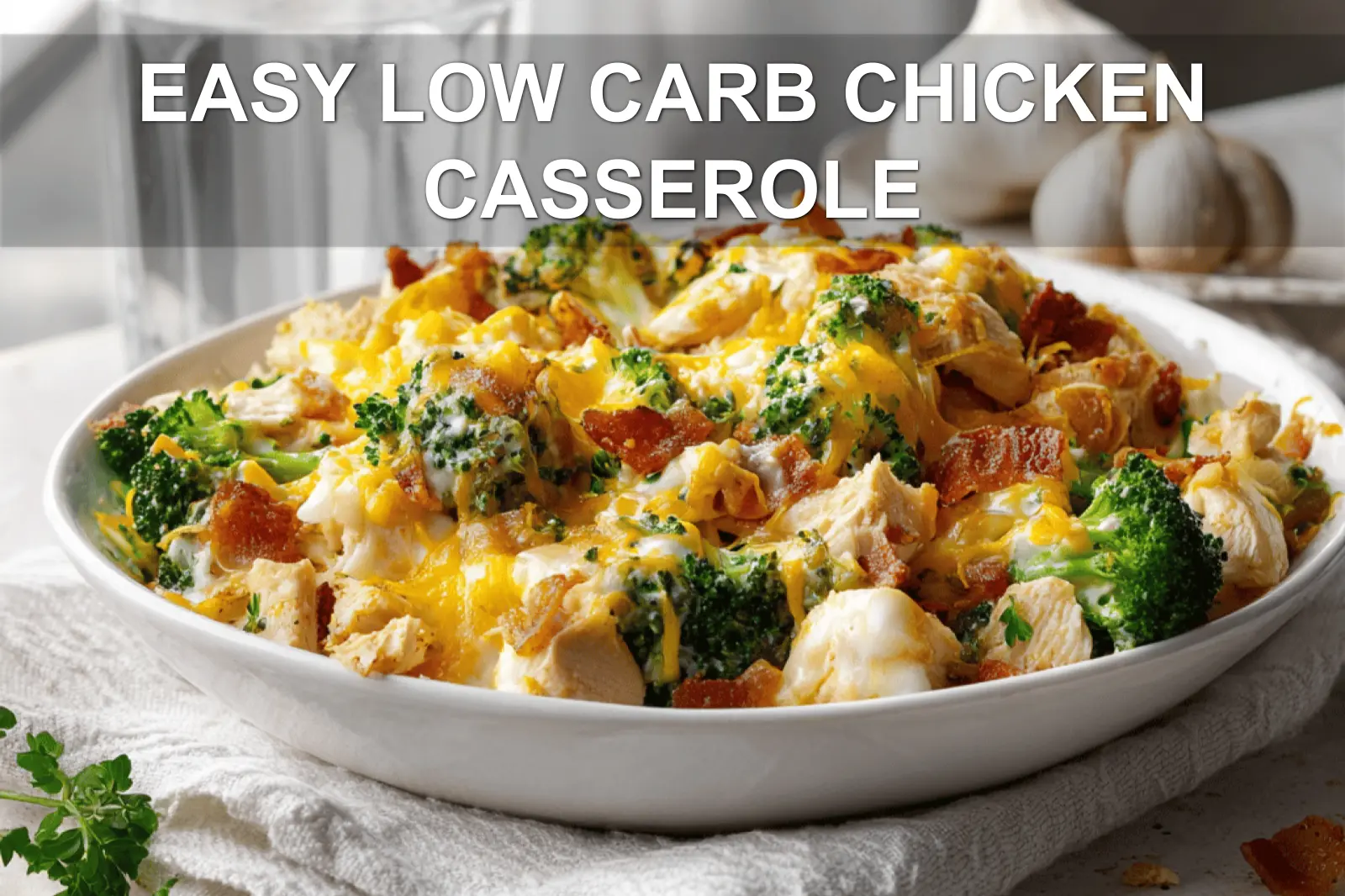 EASY LOW CARB CHICKEN CASSEROLE golden baked casserole with bacon broccoli and melted cheese hero image