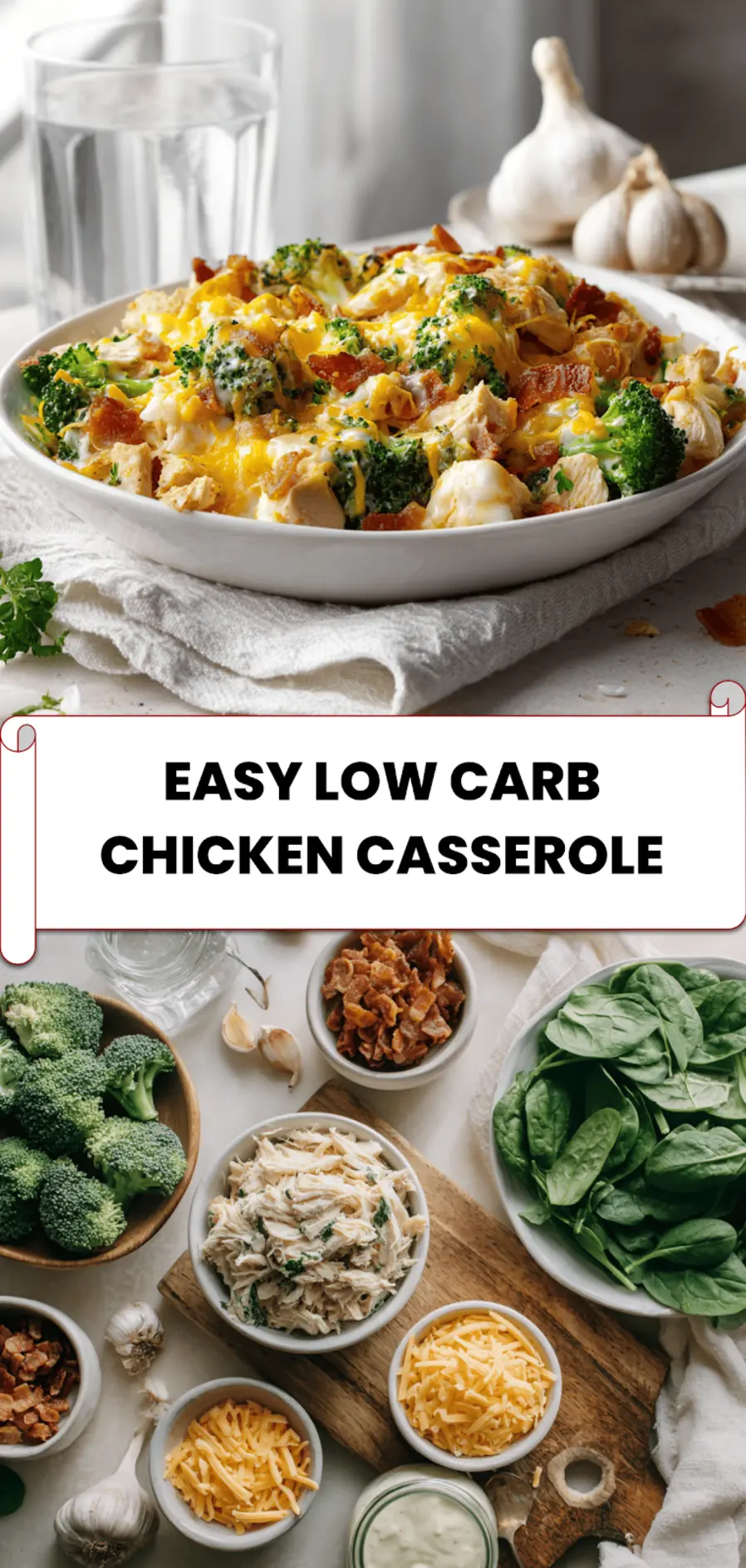 Easy Low Carb Chicken Casserole: Delicious Dinner Win 5 Overhead of easy low carb chicken casserole served with crispy cheese top and mixed veggies for keto dinner
