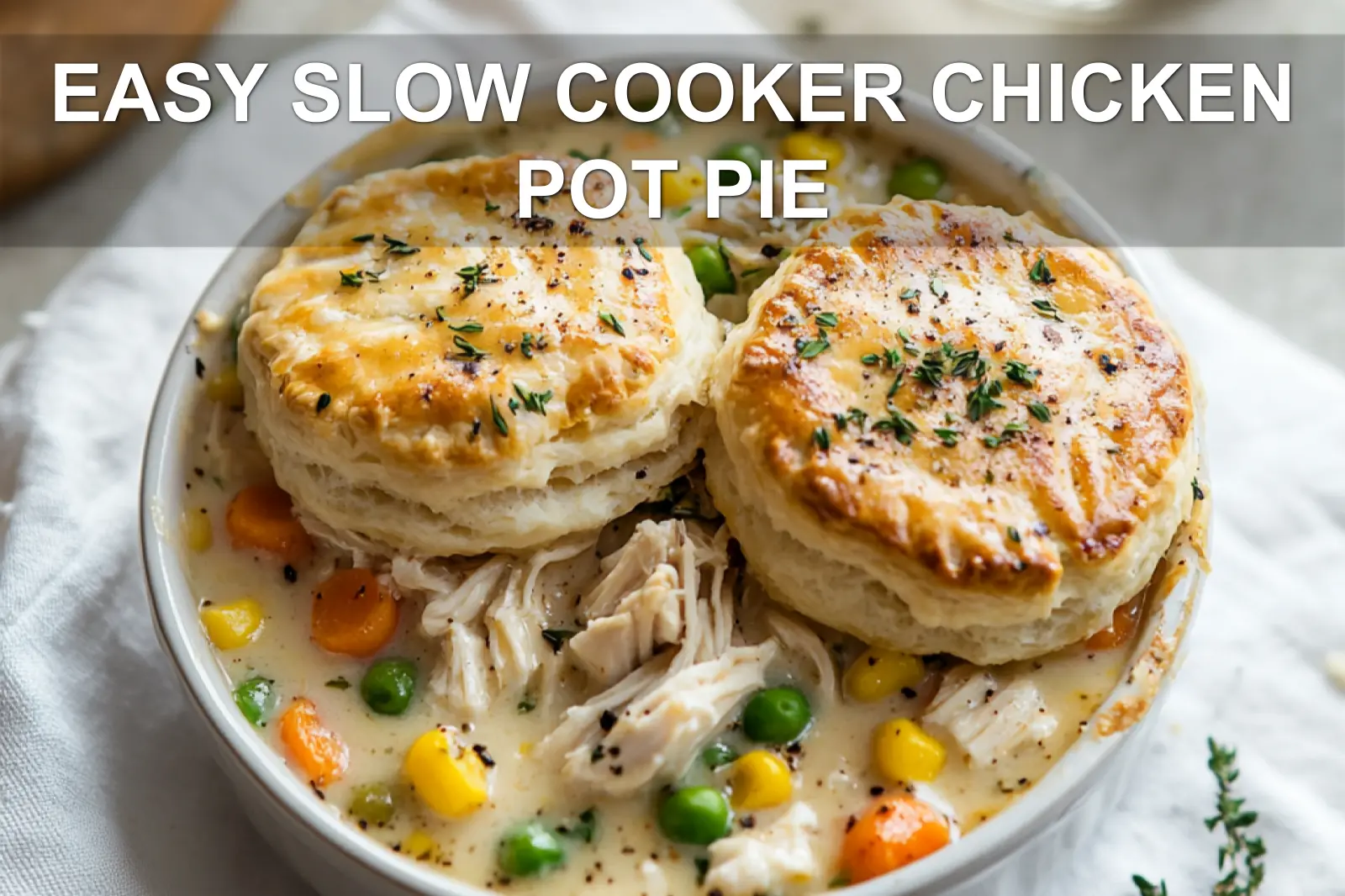EASY SLOW COOKER CHICKEN POT PIE hero with golden biscuits creamy filling and shredded chicken