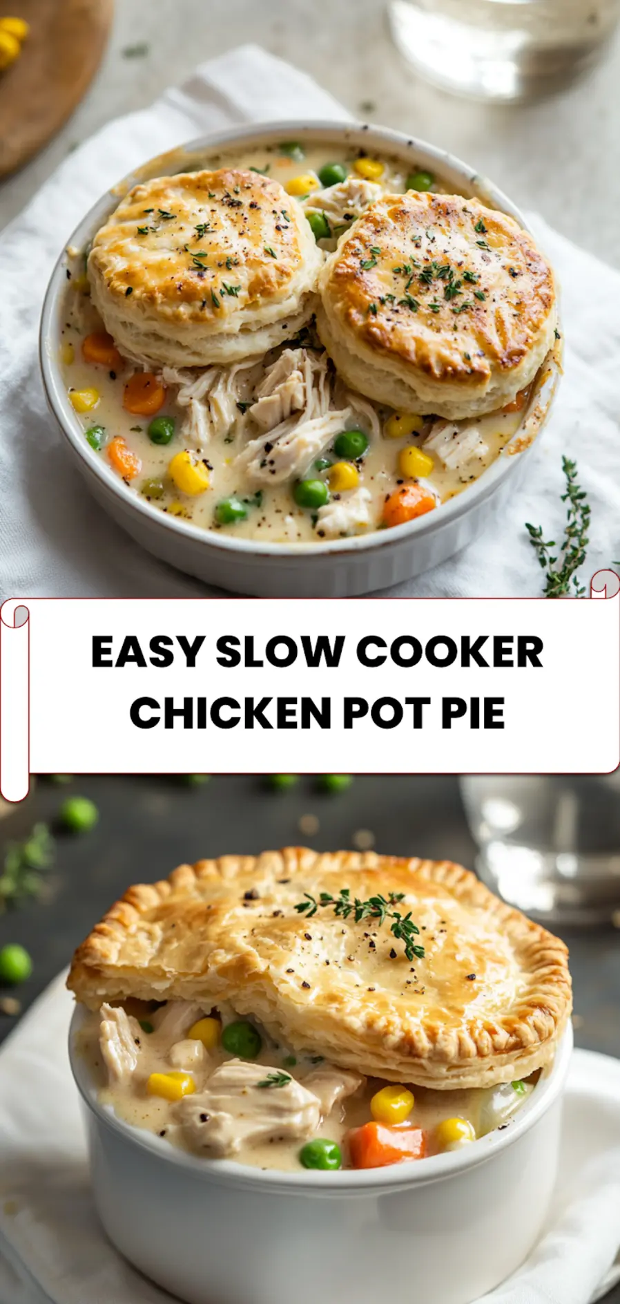 Easy Slow Cooker Chicken Pot Pie: Irresistibly Delicious Recipe 5 EASY SLOW COOKER CHICKEN POT PIE served in bowl with golden biscuits on top and creamy filling
