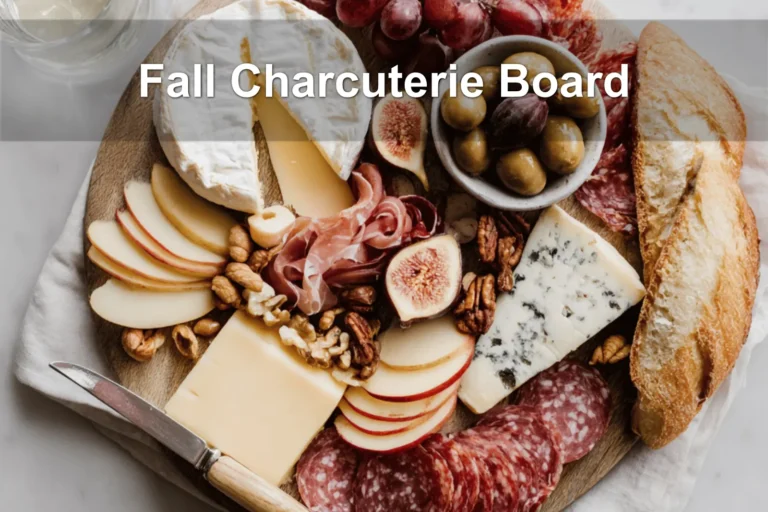 Fall Charcuterie Board with brie cheddar gouda blue cheese prosciutto salami fruit and nuts