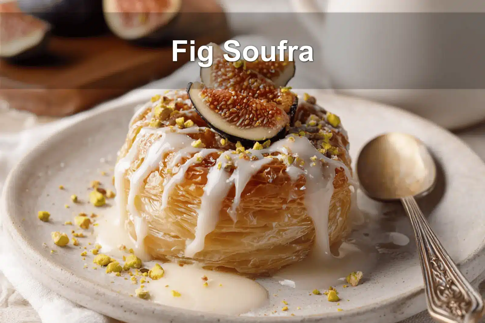 Fig Soufra plated with fresh figs, pistachios, honey glaze, creamy white sauce, warm tones