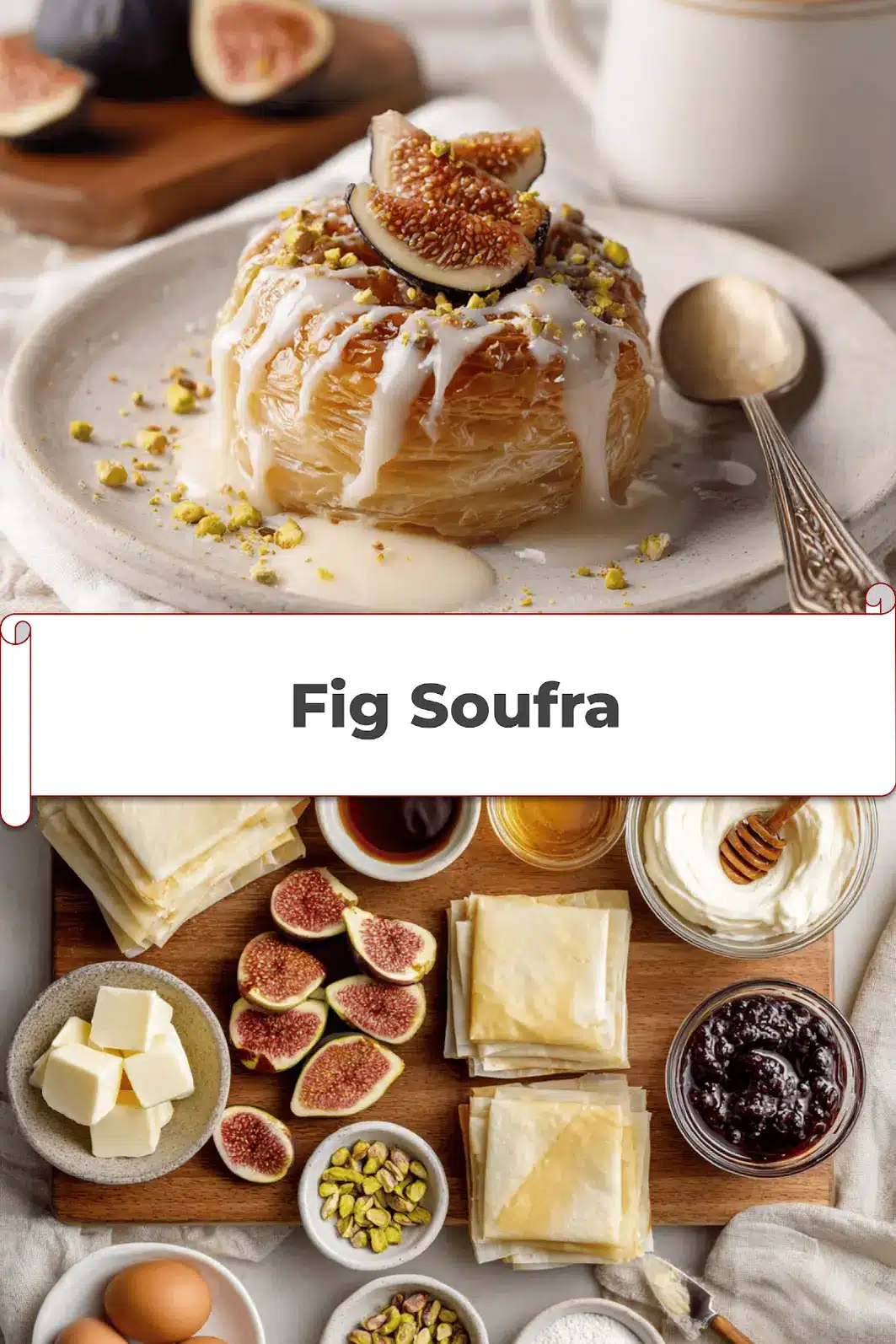 Fig Soufra: Irresistibly Easy and Delicious Recipe 5 Fig Soufra plated with fresh figs, pistachios, honey glaze, creamy white sauce, warm tones_pin