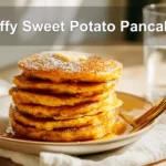 Fluffy Sweet Potato Pancakes stacked with melted butter and syrup on white napkin beside clear water glass