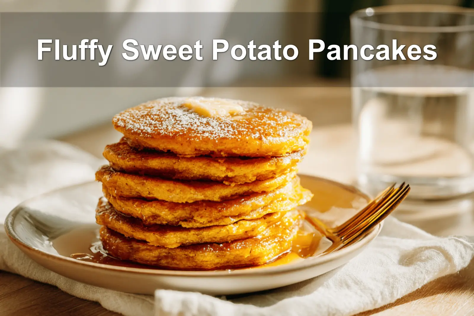 Fluffy Sweet Potato Pancakes stacked with melted butter and syrup on white napkin beside clear water glass