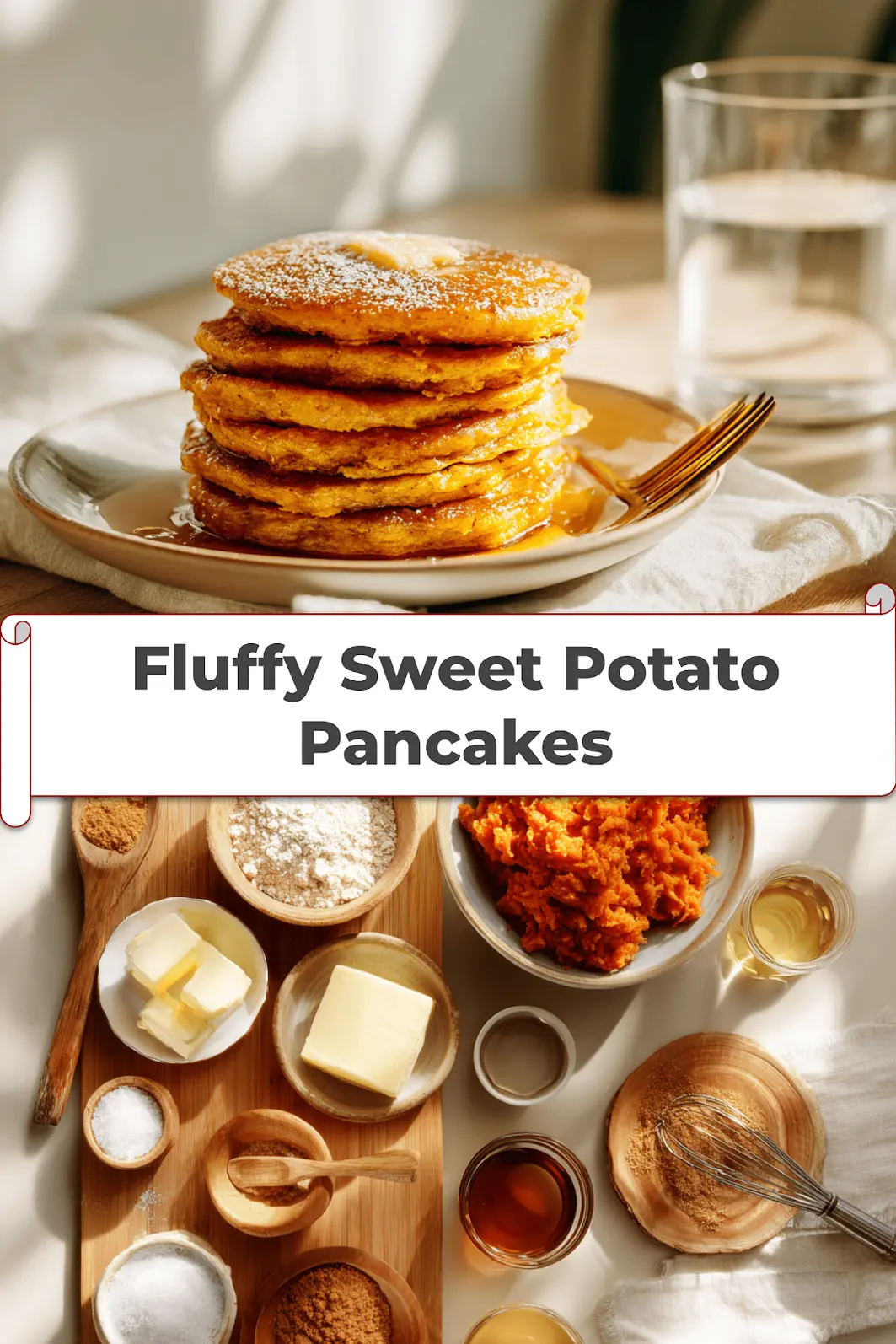 Fluffy Sweet Potato Pancakes: Delicious Easy Recipe 5 Fluffy Sweet Potato Pancakes stacked with melted butter and syrup on white napkin beside clear water glass_pin