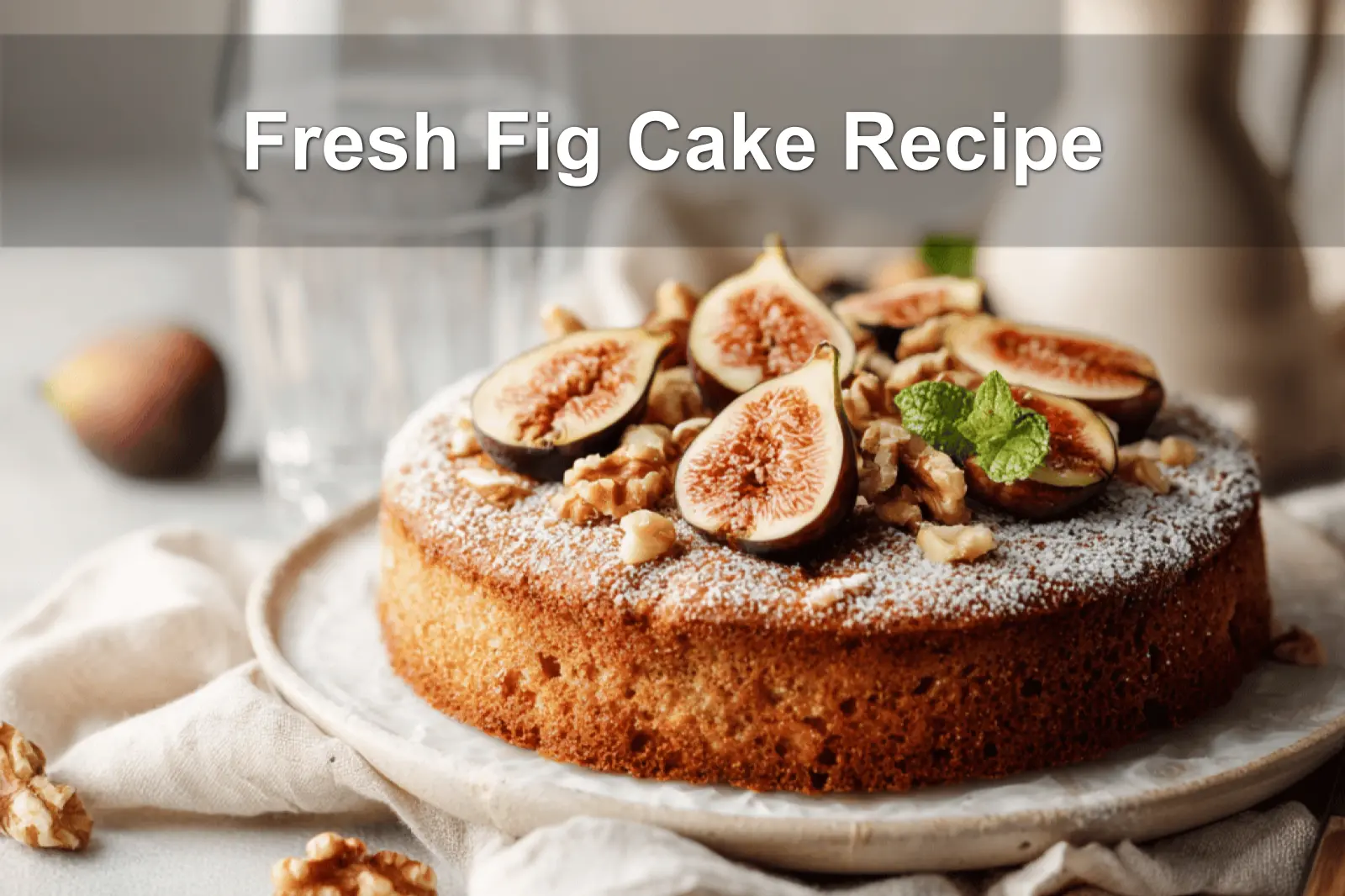Fresh Fig Cake Recipe topped with sliced figs and powdered sugar, warm golden crumb