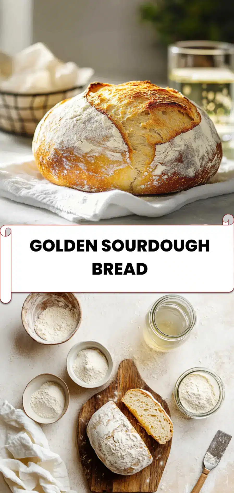 Golden Sourdough Bread: Easy and Irresistible Recipe 5 Golden sourdough bread pin image showing crackled crust and artisan styling on white linen
