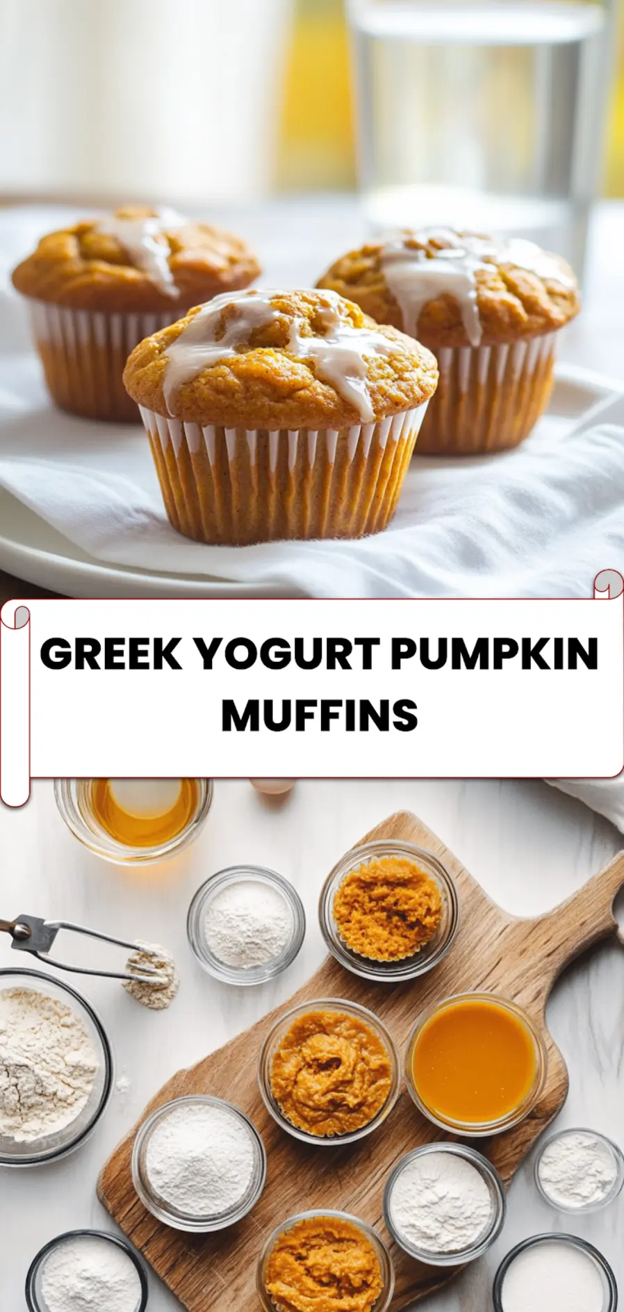 Homemade Greek yogurt pumpkin muffins on napkin next to tall glass of water and fall leaves