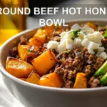 GROUND BEEF HOT HONEY BOWL eye level plated bowl with roasted sweet potatoes avocado soft white cheese