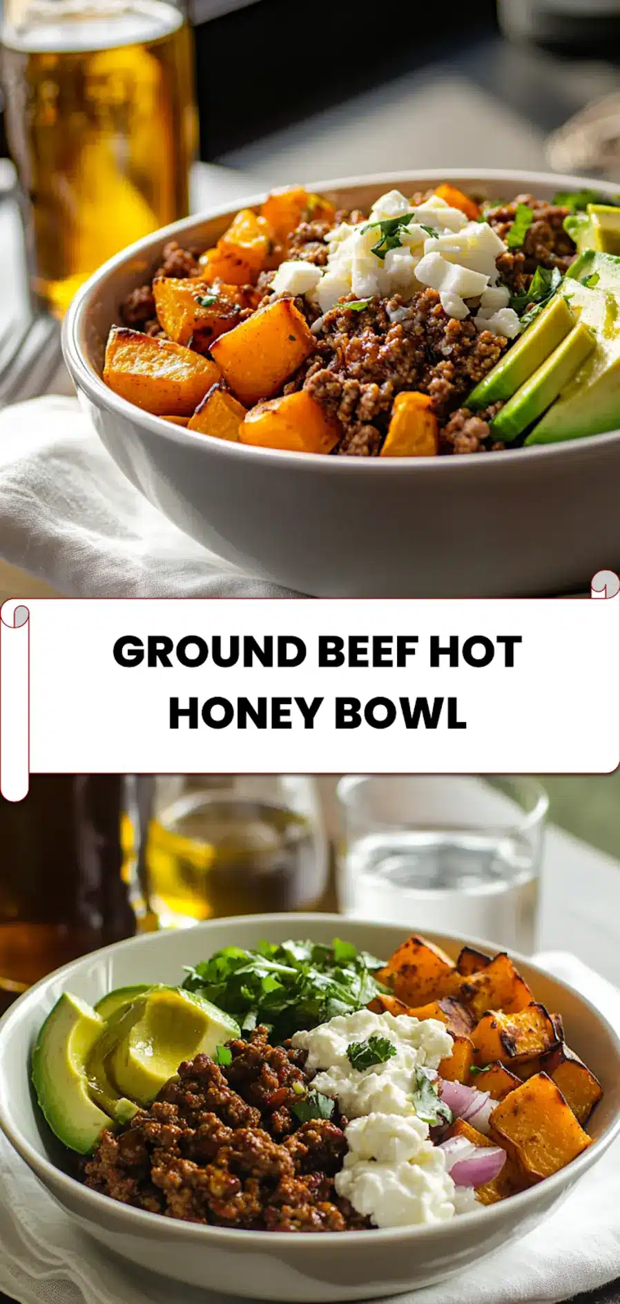 Ground Beef Hot Honey Bowl: Easy Delicious Dinner Idea 5 Finished ground beef hot honey bowl plated with garnishes including avocado, roasted sweet potatoes, and cottage cheese