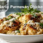 Garlic Parmesan Chicken plated with golden crust fresh herbs and grated cheese on white napkin
