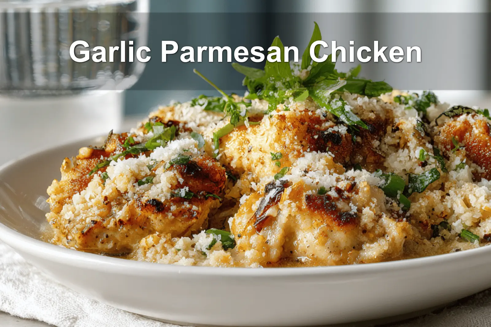 Garlic Parmesan Chicken plated with golden crust fresh herbs and grated cheese on white napkin