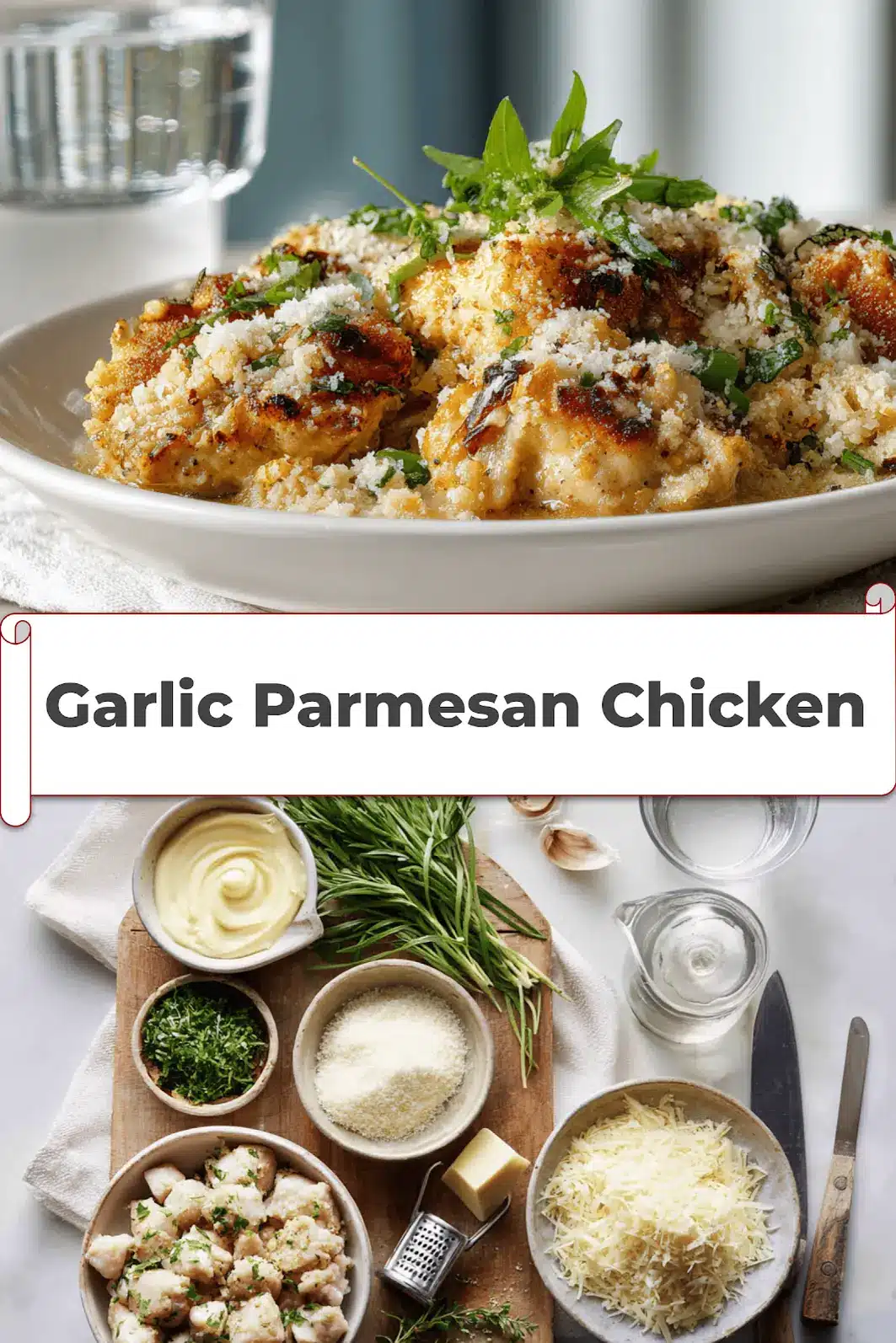 Garlic Parmesan Chicken Recipe: Irresistibly Delicious Ideas 5 Close-up of Garlic Parmesan Chicken served on a white plate with parmesan topping and fresh herbs