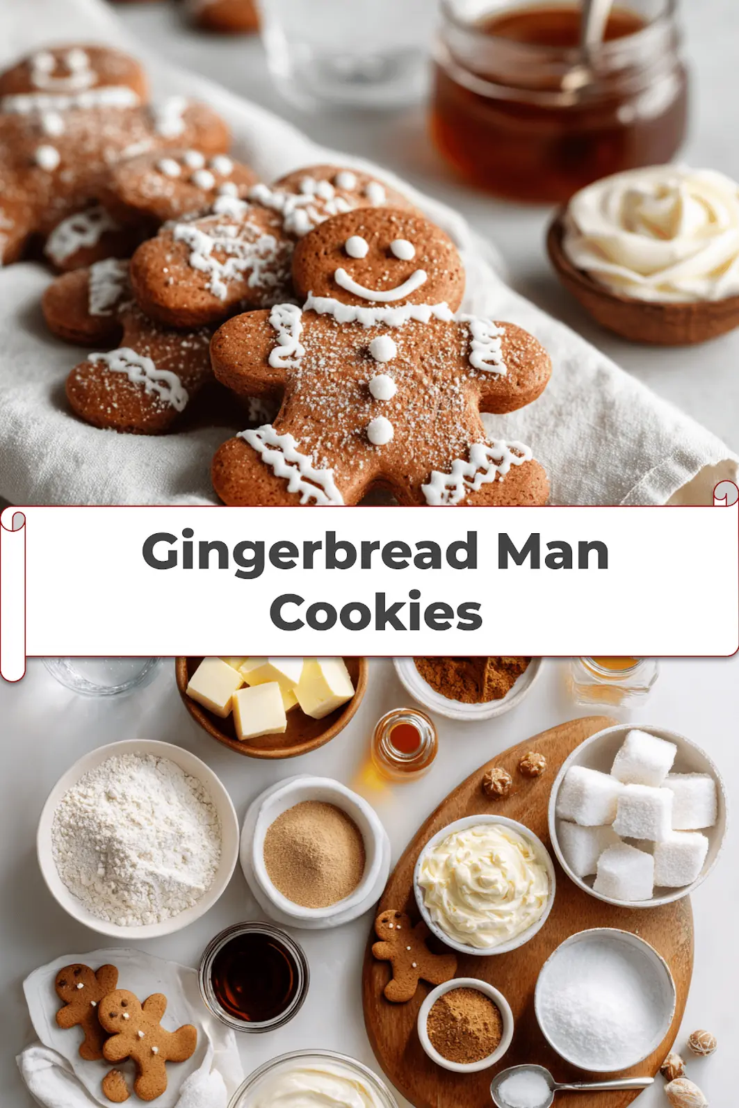 Gingerbread Man Cookies: Irresistibly Easy Recipe 5 Gingerbread Man Cookies on white cloth with water glass warm festive close up_pin