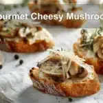 Gourmet Cheesy Mushroom crostini with melted cheese thyme and olive oil on sourdough