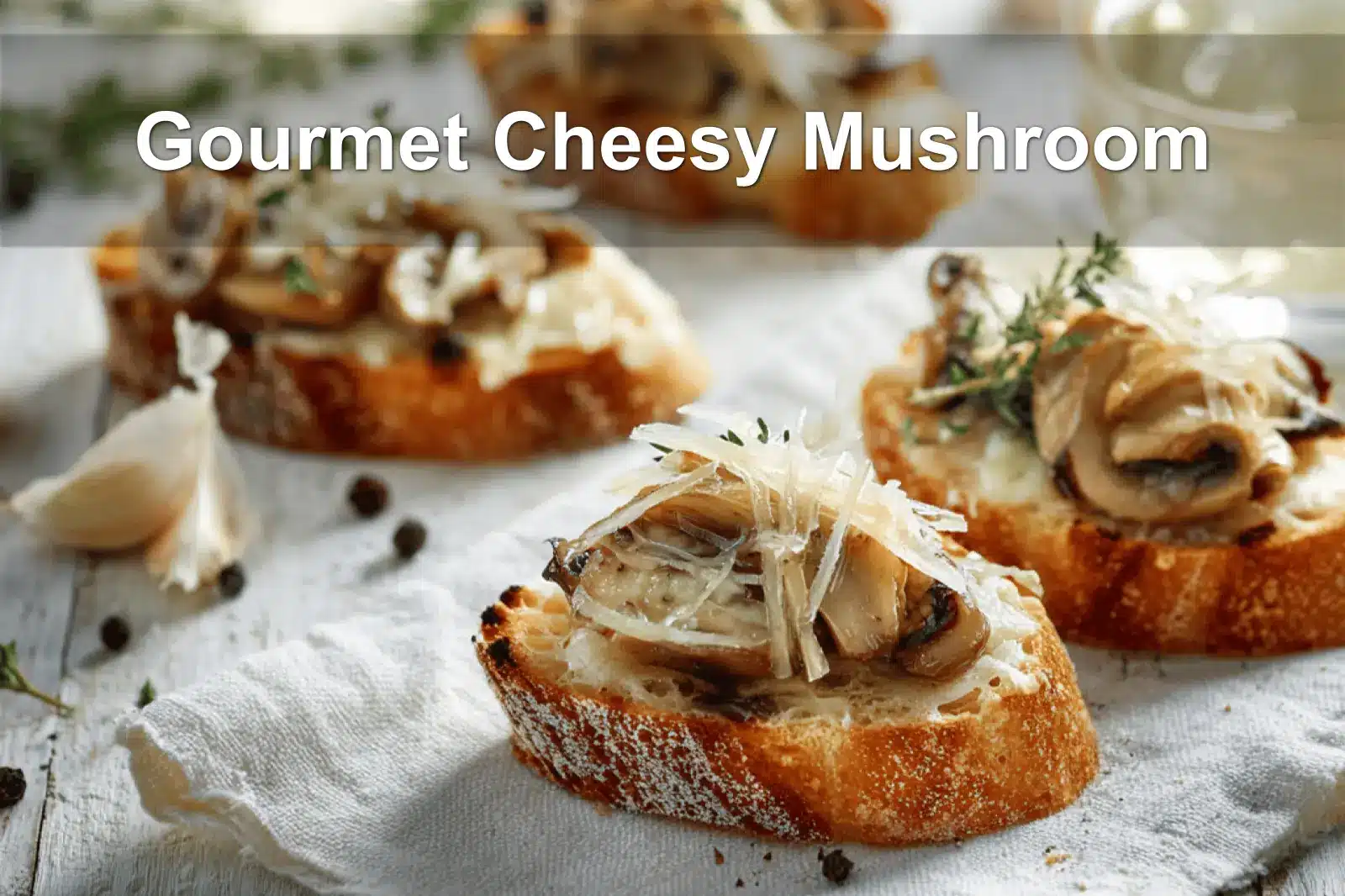 Gourmet Cheesy Mushroom crostini with melted cheese thyme and olive oil on sourdough