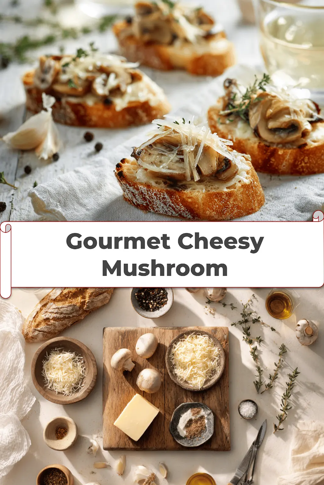 Gourmet Cheesy Mushroom: 5 Irresistible Recipes 5 Gourmet Cheesy Mushroom crostini with melted cheese thyme and olive oil on sourdough_pin