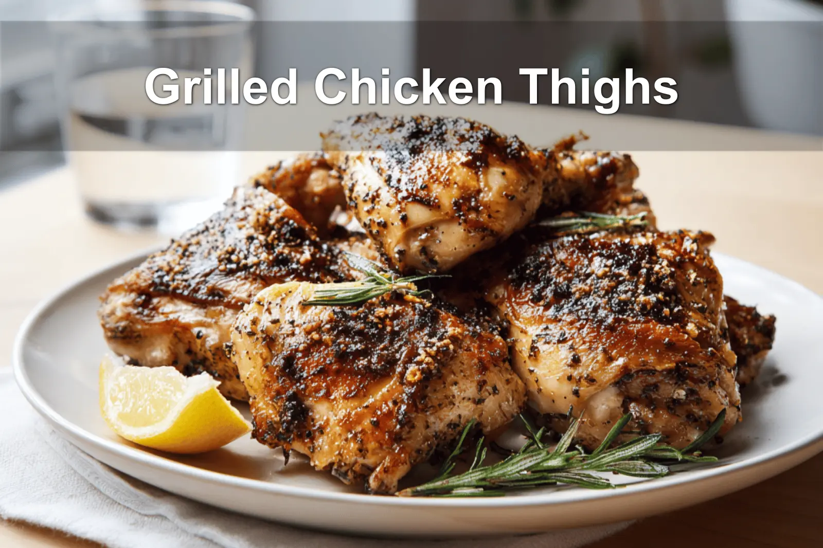 Grilled Chicken Thighs on white napkin with clear water glass warm natural light