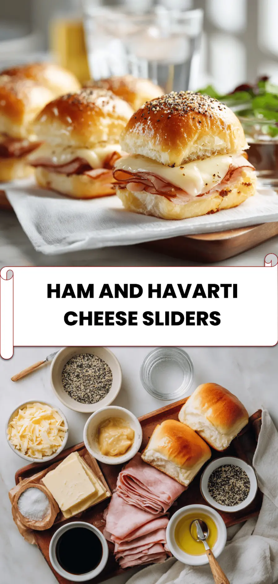 Ham and Havarti Cheese Sliders: Delicious and Easy Recipe 6 HAM AND HAVARTI CHEESE SLIDERS baked with melted Havarti cheese, poppy seeds, and golden Hawaiian rolls