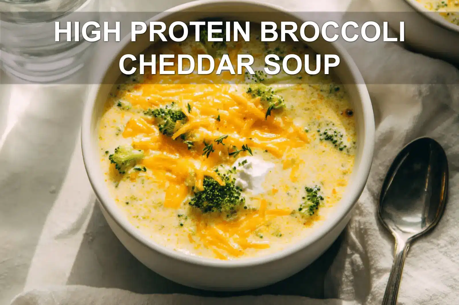 HIGH PROTEIN BROCCOLI CHEDDAR SOUP creamy bowl on white cloth with clear glass of water