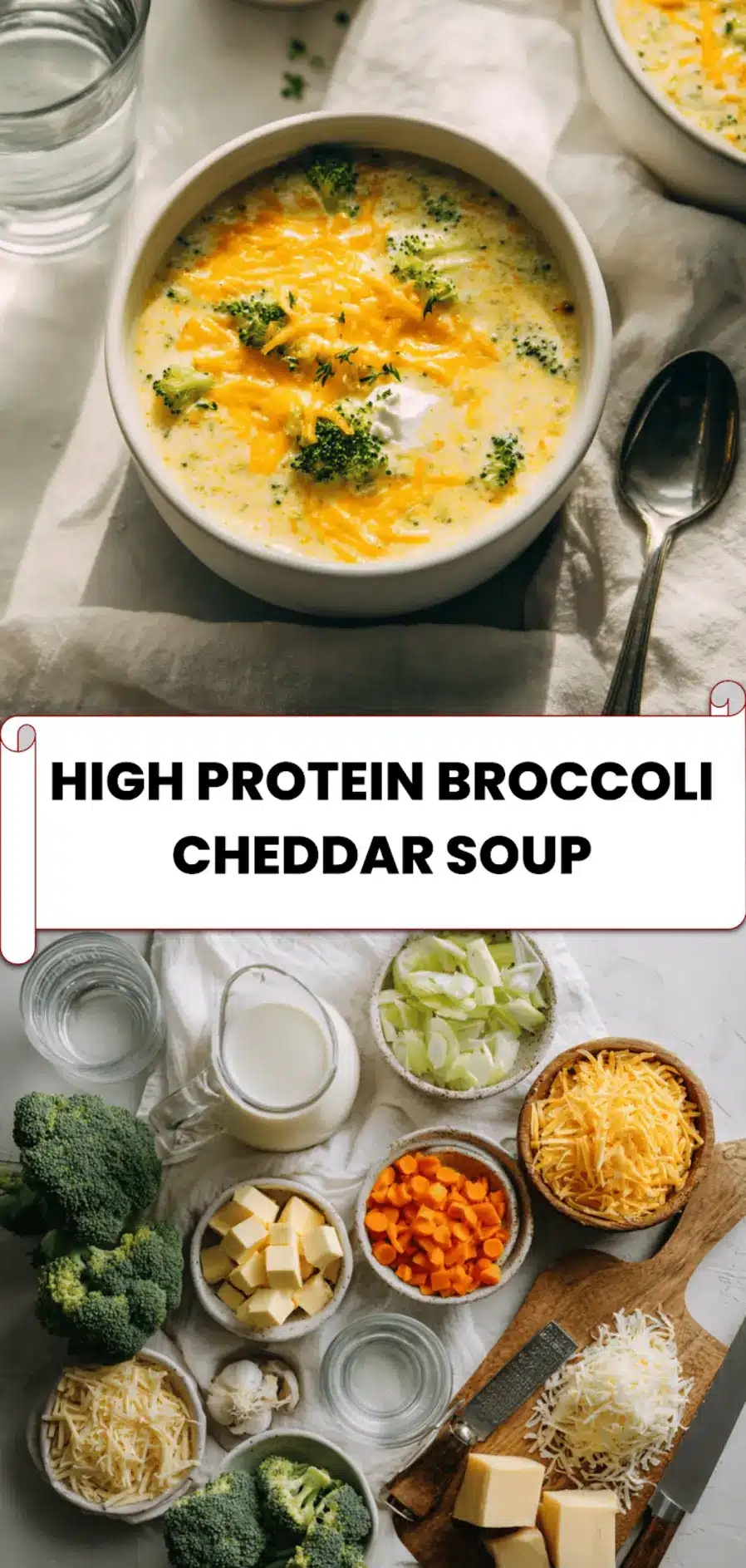 High Protein Broccoli Cheddar Soup: Tasty and Easy Recipe 5 Bowl of high protein broccoli cheddar soup with golden cheddar, green broccoli, and creamy texture photographed on white background