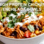 HIGH PROTEIN CHICKEN ENCHILADA BOWLS finished bowl with cottage cheese shredded chicken avocado melted cheese