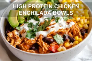 HIGH PROTEIN CHICKEN ENCHILADA BOWLS finished bowl with cottage cheese shredded chicken avocado melted cheese
