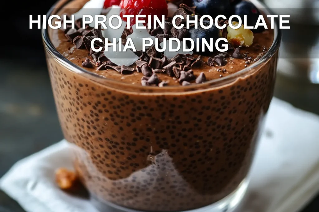 HIGH PROTEIN CHOCOLATE CHIA PUDDING in a jar topped with berries cacao nibs and coconut whip