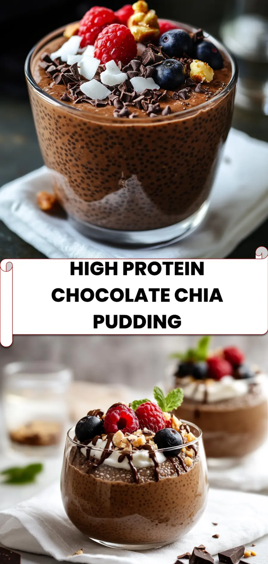 High Protein Chocolate Chia Pudding: Easy Irresistible Treat 5 High protein chocolate chia pudding in mason jars with fresh berries and coconut cream
