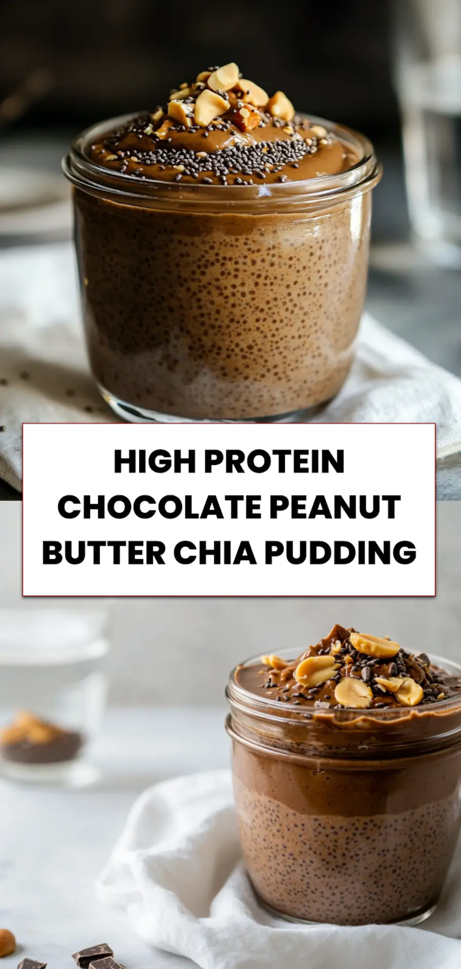 High-Protein, Chocolate Peanut Butter Chia Pudding: Simple Delicious Recipe 5 Layered high protein chocolate peanut butter chia pudding served in mason jar with spoon on rustic kitchen counter