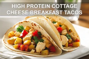 HIGH PROTEIN COTTAGE CHEESE BREAKFAST TACOS plated warmly with chicken pieces mixed vegetables and potatoes