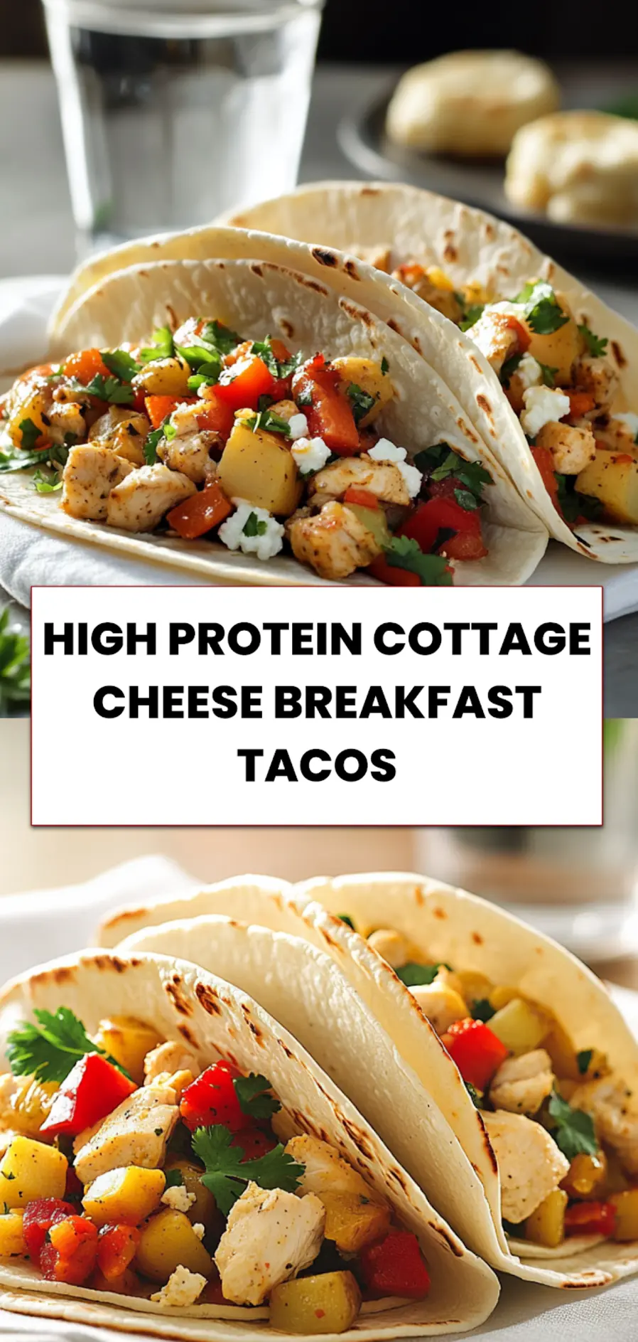 High Protein Cottage Cheese Breakfast Tacos: Irresistibly Easy 5 High protein cottage cheese tacos served with plated chicken, vegetables, and breakfast potatoes