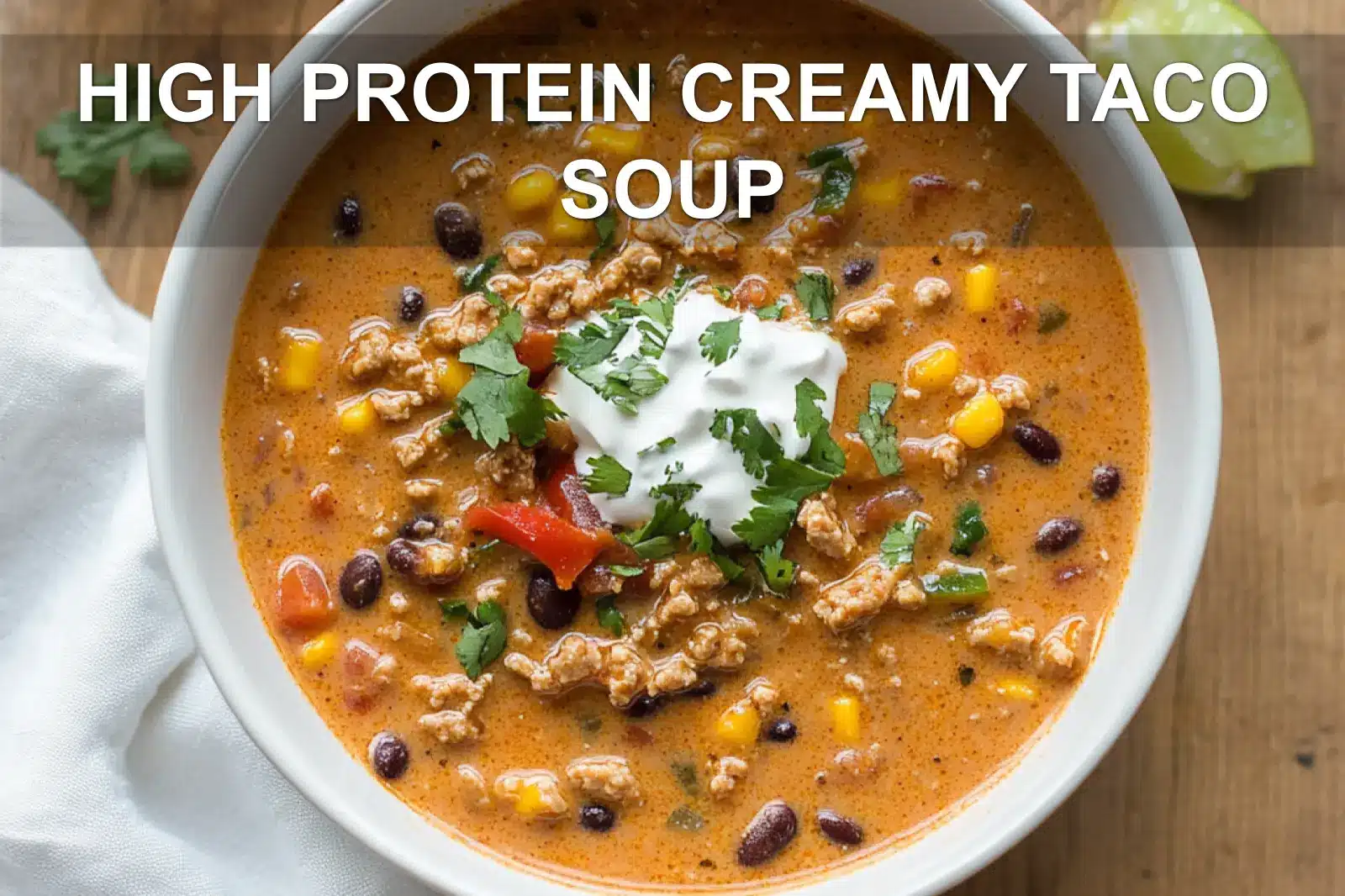HIGH PROTEIN CREAMY TACO SOUP in bowl with herbs lime wedges and melted cheese