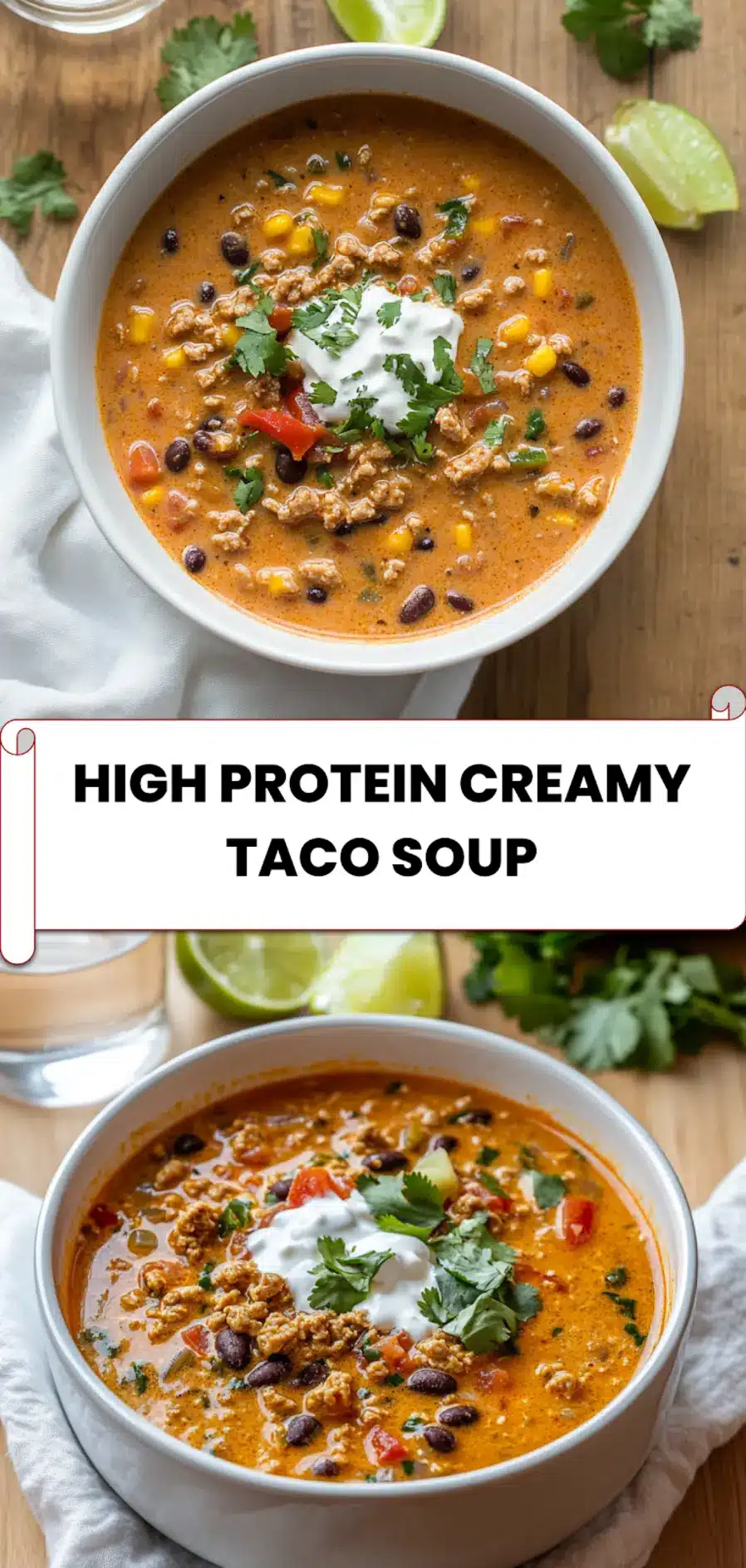 High Protein Creamy Taco Soup: Easy and Delicious Recipe 5 Pin-ready image of High Protein Creamy Taco Soup garnished with herbs, melted cheese, and lime wedges